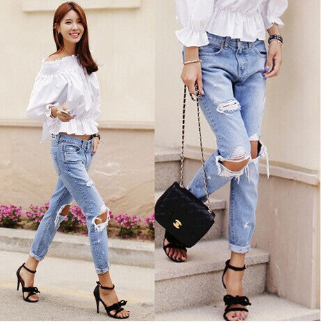 The Sabriana Washed Vintage Big Hole Ripped Long Denim Pants