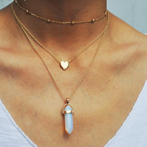 The 3 layer opal pink stone necklace