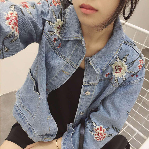 The Flower Embroidery Classic Loose Length Jeans Jacket