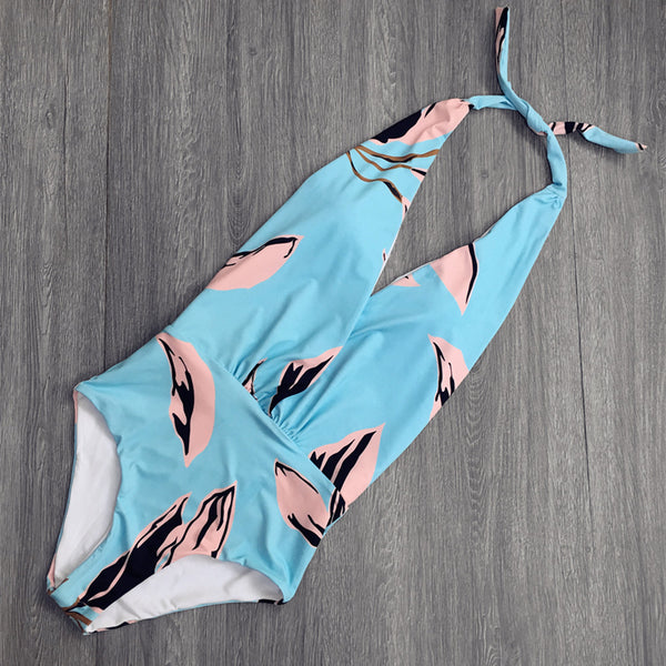 The Tear Blue Plung Neck One Piece Swimsuit