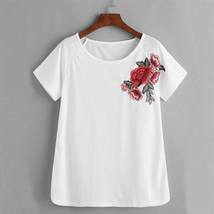 The Rose Embroidered Decals White shirt